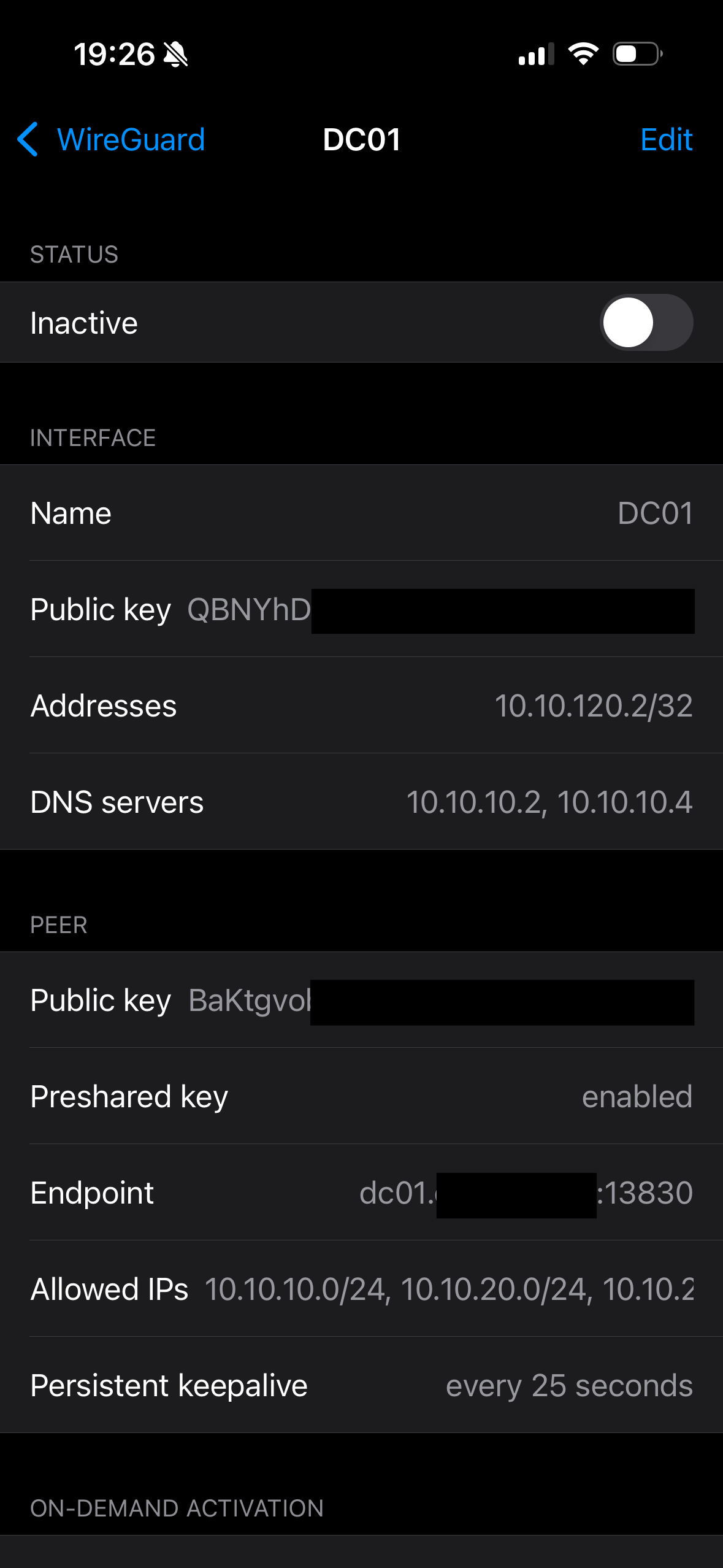 Activate the WireGuard tunnel on the client (Apple iOS app)