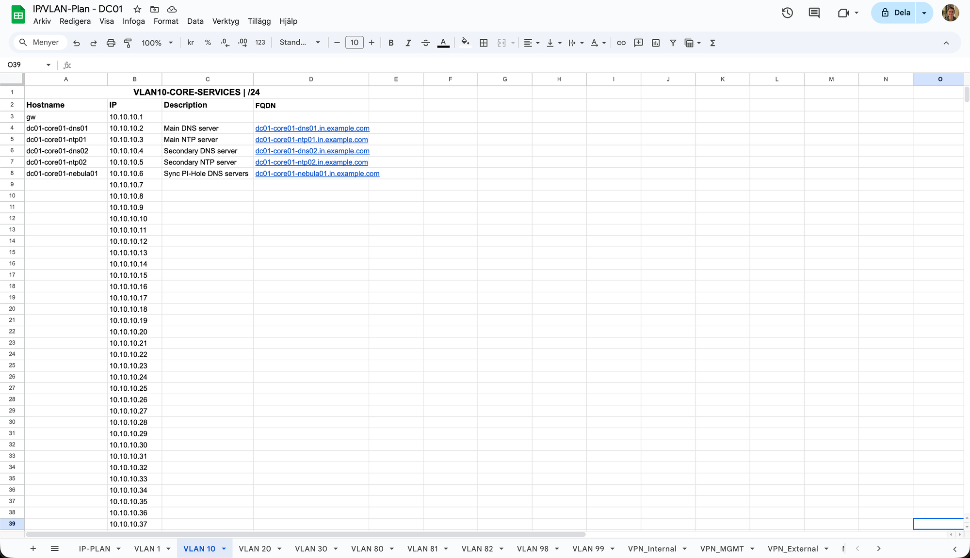 Example of an IP/VLAN-plan's "VLAN 10" tab