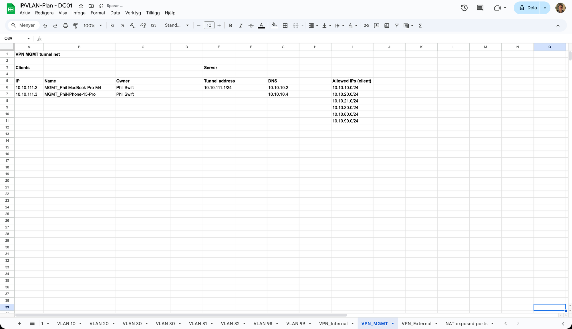 Example of an IP/VLAN-plans "VPN_MGMT" tab