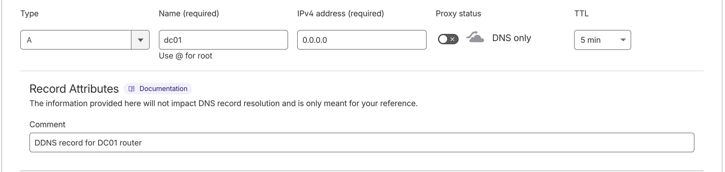 Screenshot from creating a new DNS A-record