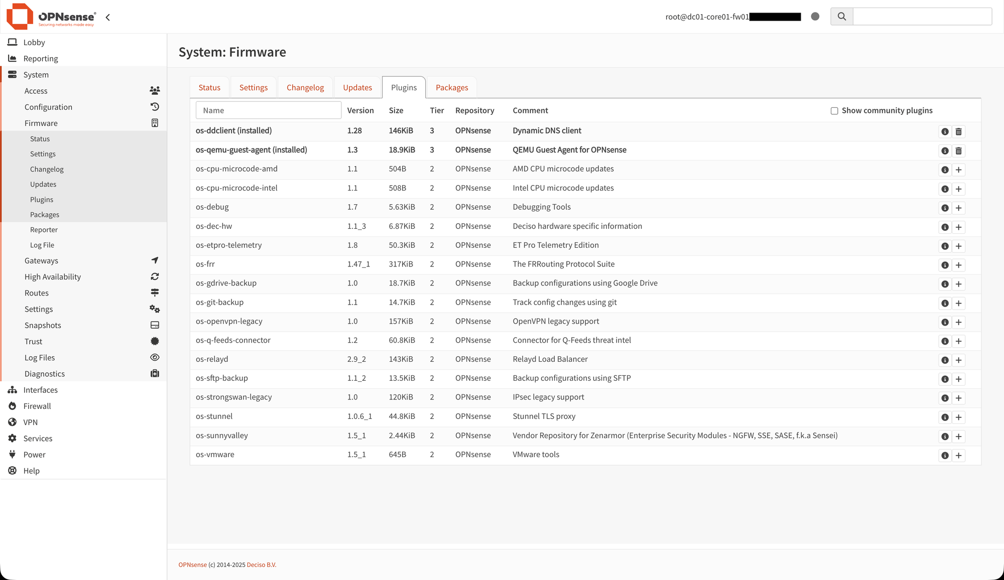 Screenshot of the Plugins page in the OPNsense Web GUI