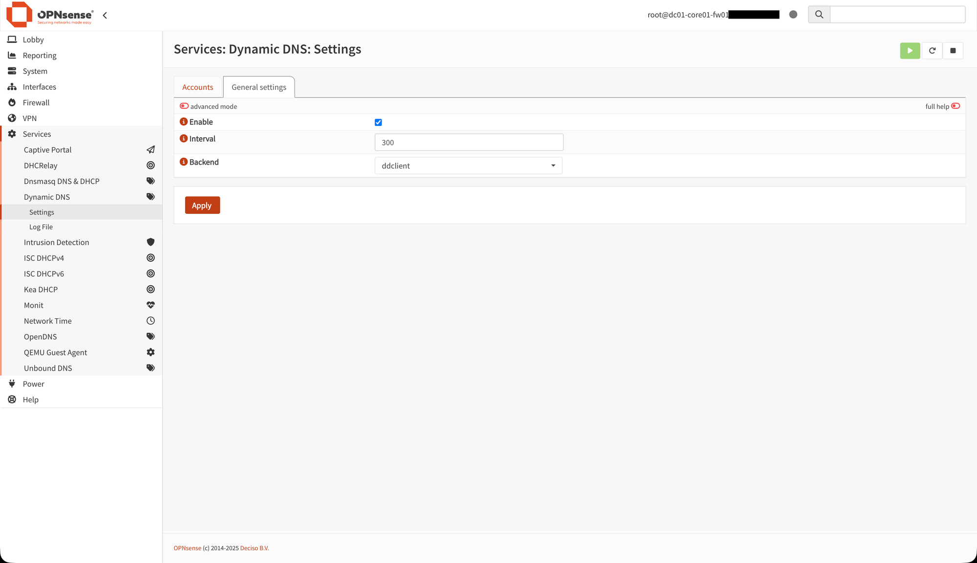 Screenshot of the OPNsense Dynamic DNS service settings page