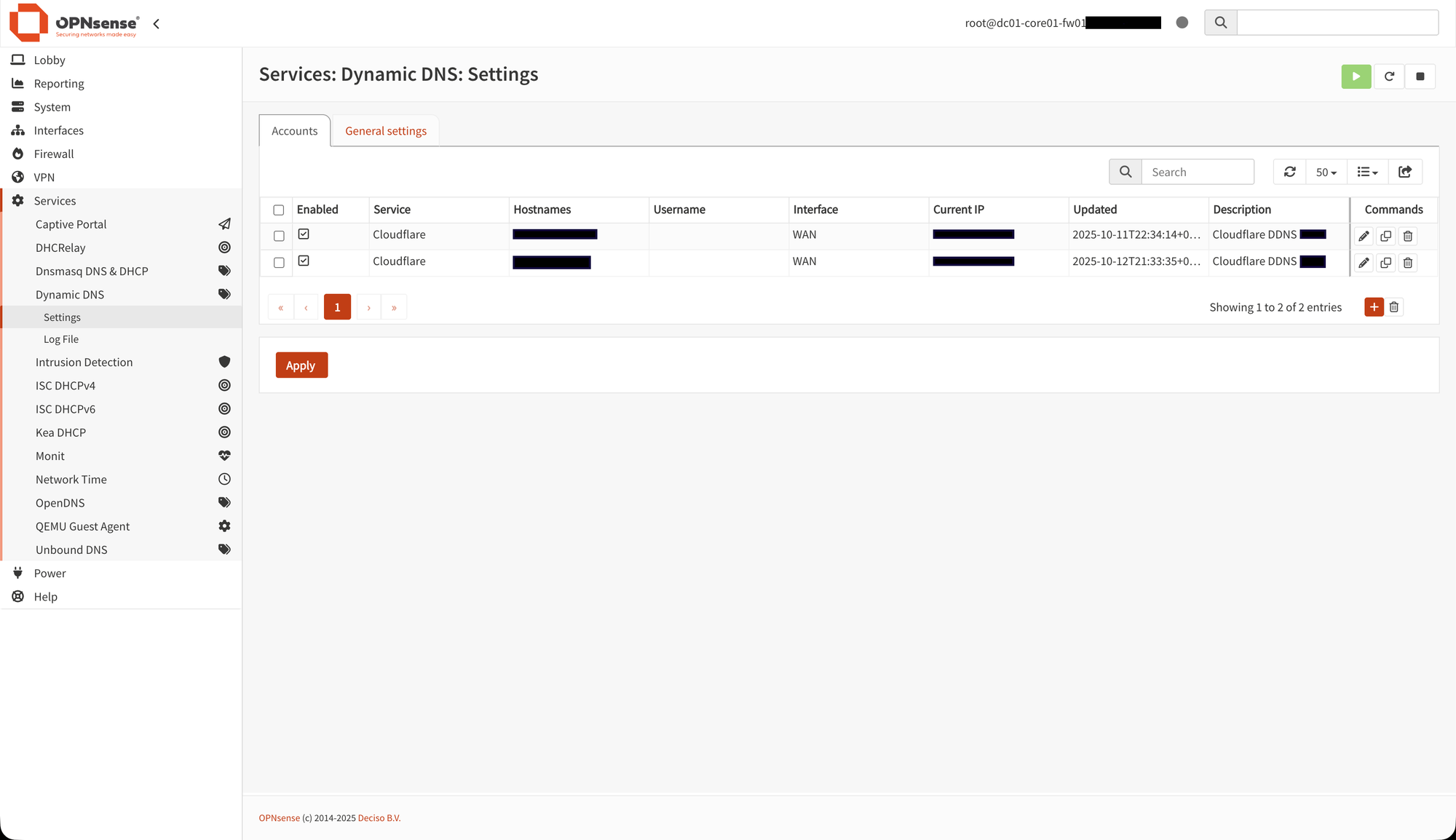 Screenshot of the OPNsense Dynamic DNS service accounts page