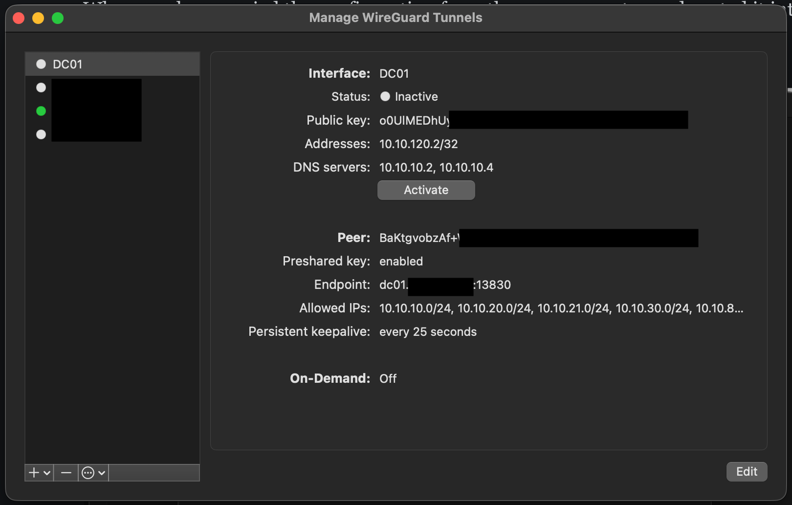 Activate the WireGuard tunnel on the client (desktop app)