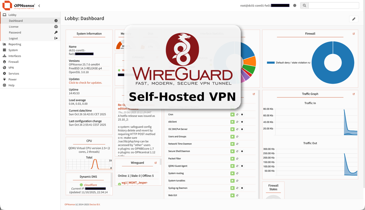 Screenshot of the OPNsense dashboard with a WireGuard logo and the text "Self-Hosted VPN"
