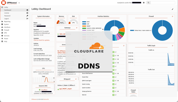 Screenshot of the OPNsense dashboard with a Cloudflare logo and a "DDNS" text