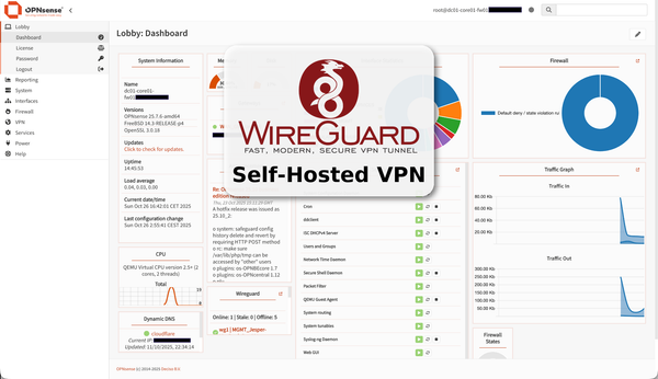 Screenshot of the OPNsense dashboard with a WireGuard logo and the text "Self-Hosted VPN"